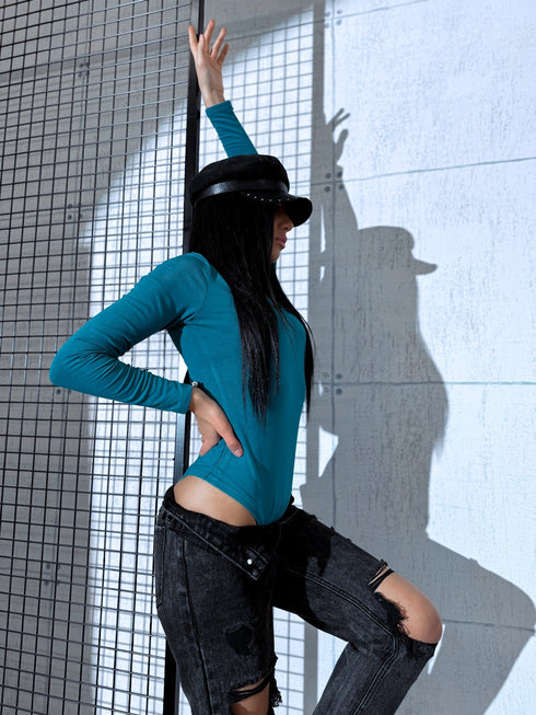 Сине-зеленое боди ОДНОЦВЕТНОЕ с высоким воротником H73