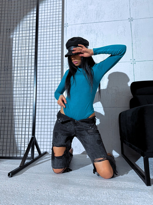 Сине-зеленое боди ОДНОЦВЕТНОЕ с высоким воротником H73