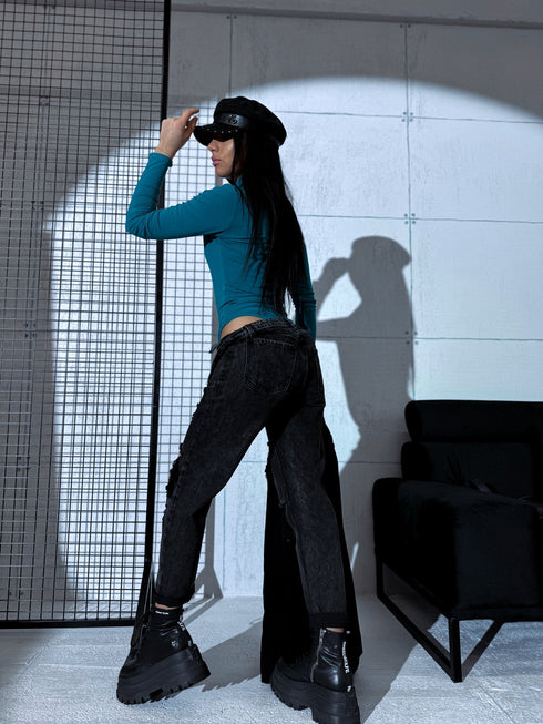 Сине-зеленое боди ОДНОЦВЕТНОЕ с высоким воротником H73