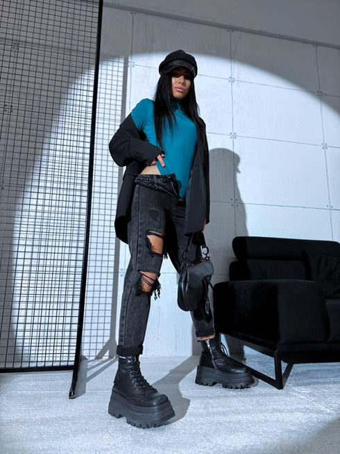 Сине-зеленое боди ОДНОЦВЕТНОЕ с высоким воротником H73