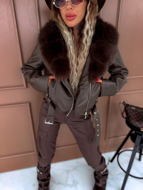 CROP faux leather jacket "FENIKSS S5635" - choco