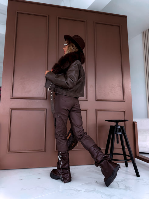 CROP faux leather jacket "FENIKSS S5635" - choco