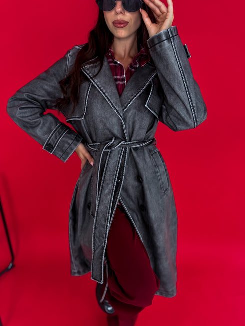 Тренч из искусственной кожи "RECORD OX88" - ГРАФИТОВО-СЕРЫЙ