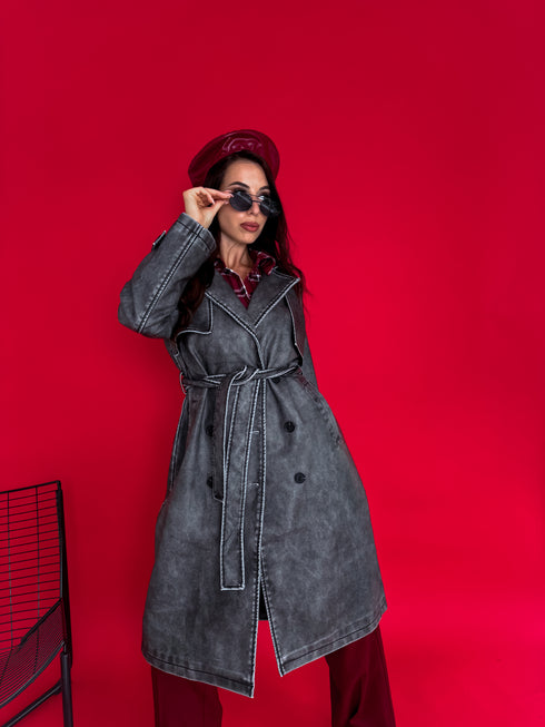 Тренч из искусственной кожи "RECORD OX88" - ГРАФИТОВО-СЕРЫЙ