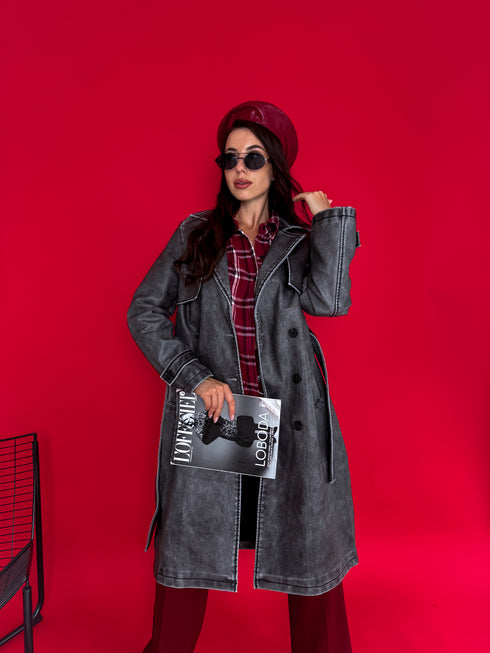 Тренч из искусственной кожи "RECORD OX88" - ГРАФИТОВО-СЕРЫЙ