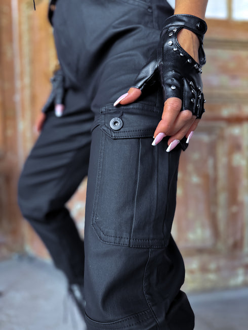 "CARGO DAY" ādas imitācijas bikses C9259-1 - MELNAS