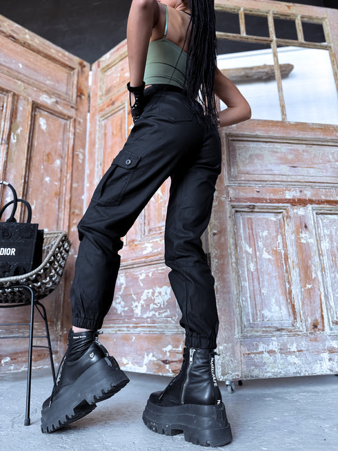 "CARGO DAY" ādas imitācijas bikses C9259-1 - MELNAS