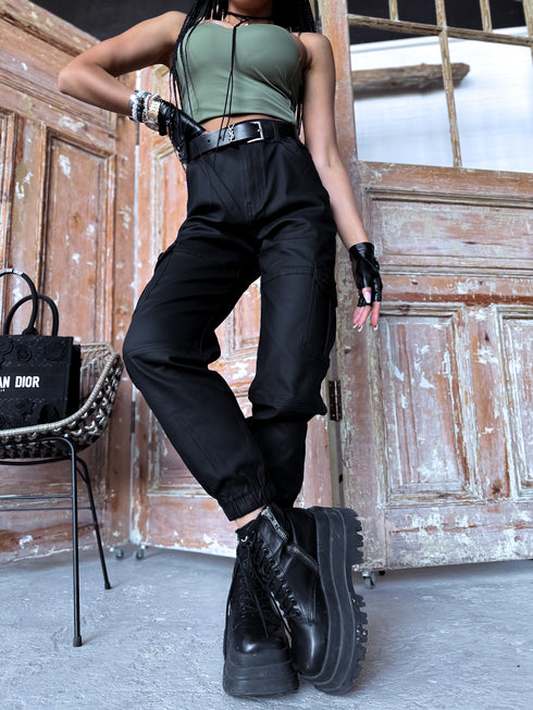 "CARGO DAY" ādas imitācijas bikses C9259-1 - MELNAS