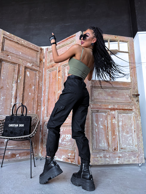 "CARGO DAY" ādas imitācijas bikses C9259-1 - MELNAS