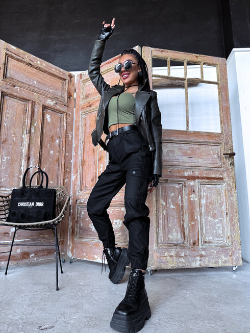 "CARGO DAY" ādas imitācijas bikses C9259-1 - MELNAS