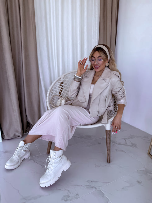 BEIGE, cropped leather imitation jacket with snap buttons FL82