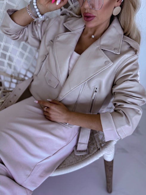 BEIGE, cropped leather imitation jacket with snap buttons FL82