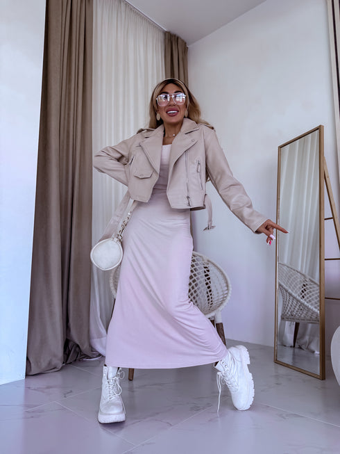 BEIGE, cropped leather imitation jacket with snap buttons FL82