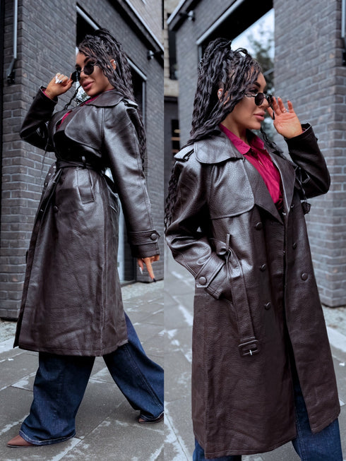 Faux Leather Trench "MIDNIGHT BELT" CV2189 – Choco