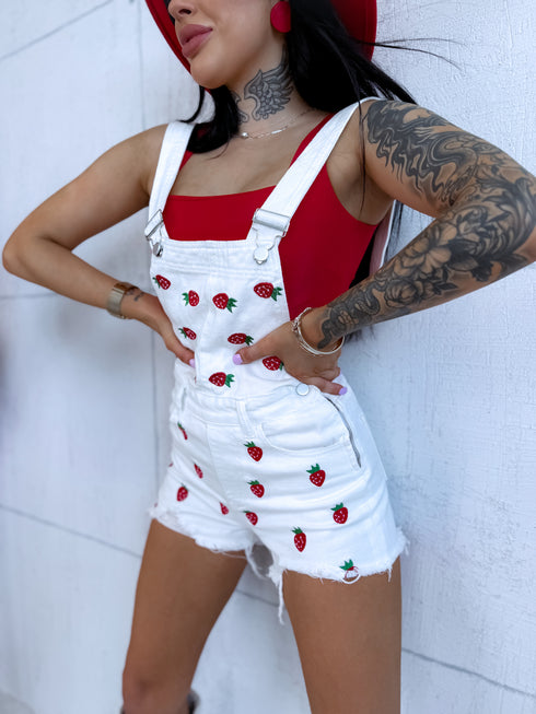 WHITE denim jumpsuit "RED STRAWBERRY"