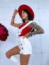 WHITE denim jumpsuit "RED STRAWBERRY"