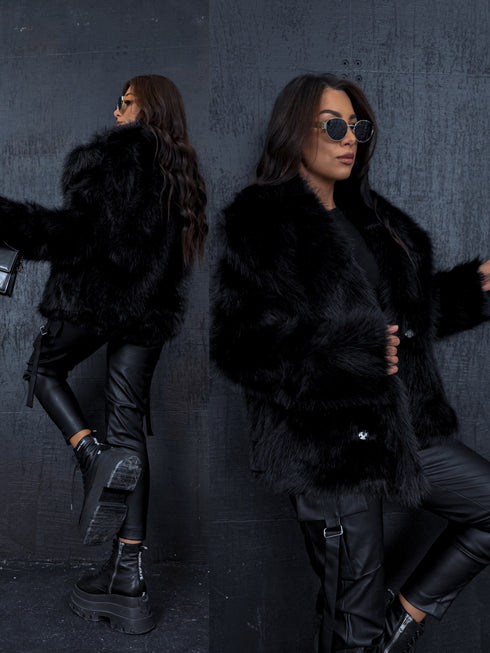 "BUSHY" artificial fur coat - BLACK