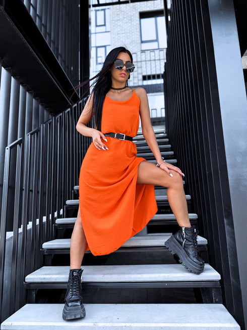 "LĪGO" suknelė su sukryžiuotomis petnešėlėmis - oranžinė IŠANKSTINIS UŽSAKYMAS