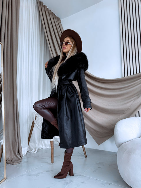 "PUDDING CV2184" Faux Leather Trench – Black