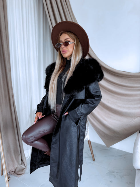 "PUDDING CV2184" Faux Leather Trench – Black