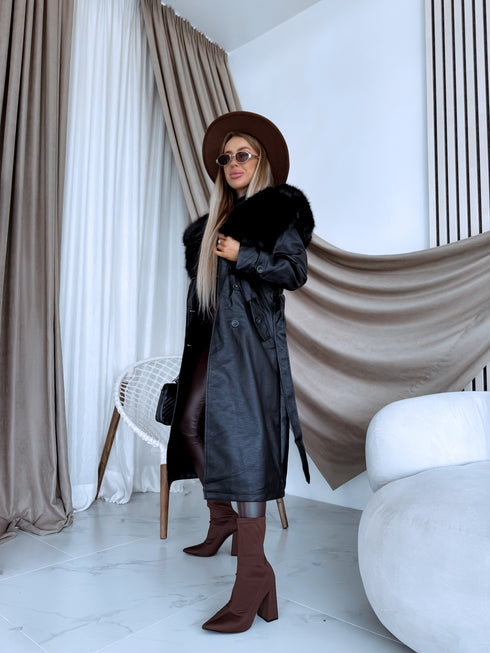 "PUDDING CV2184" Faux Leather Trench – Black