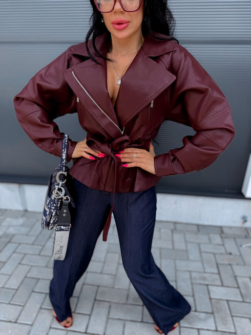 Faux leather jacket "WAIST ACCENT" S-6253 - BORDEAUX