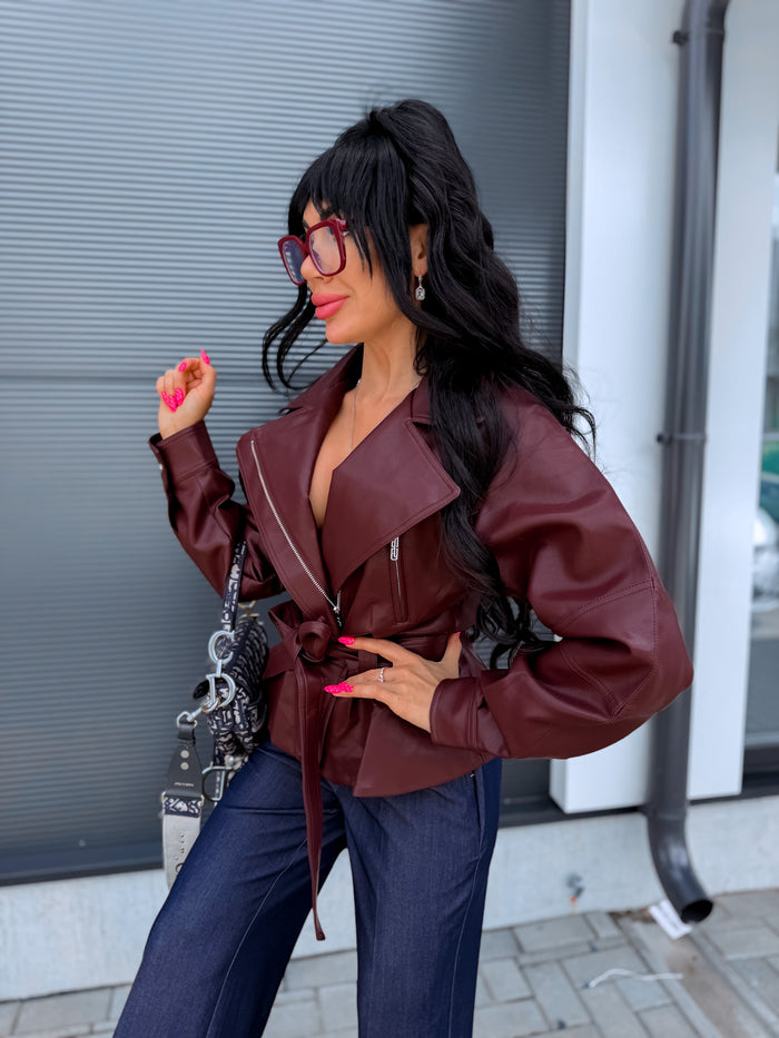 Dirbtinės odos striukė "WAIST ACCENT" S-6253 - BORDO