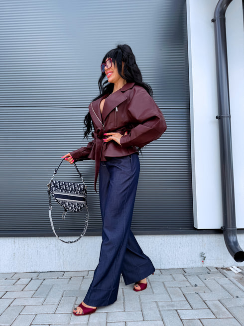 Faux leather jacket "WAIST ACCENT" S-6253 - BORDEAUX