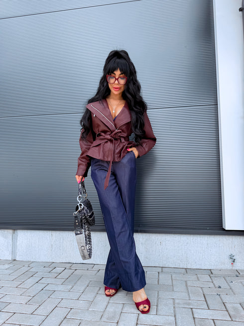 Faux leather jacket "WAIST ACCENT" S-6253 - BORDEAUX