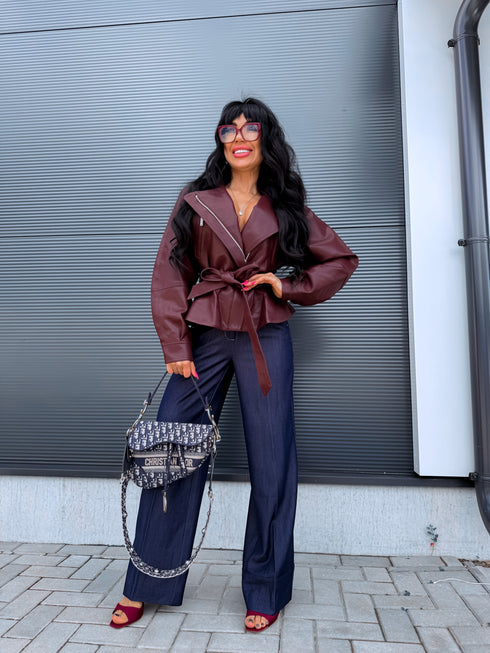 Faux leather jacket "WAIST ACCENT" S-6253 - BORDEAUX
