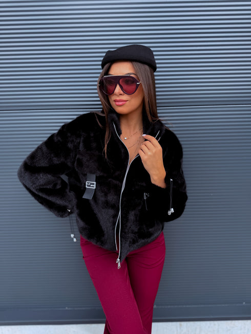 Faux Fur Jacket "MONEY TALK" - BLACK