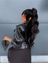Faux leather jacket "WAIST ACCENT" S-6253 - BLACK