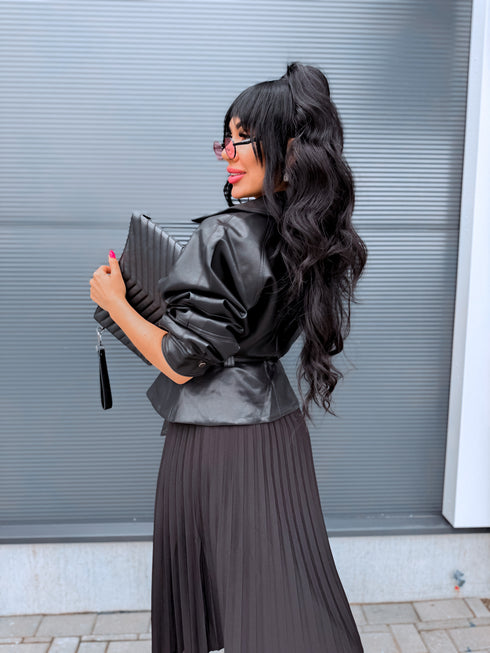 Faux leather jacket "WAIST ACCENT" S-6253 - BLACK