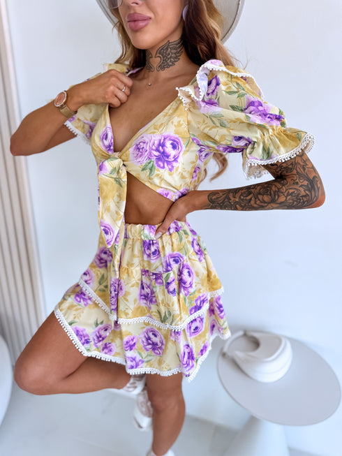 "Caricature" komplekts tops + svārki - dzeltens ar violetu