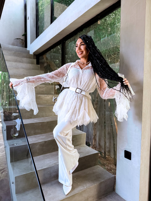 Кружевная 2в1 блузка "BRILLIANTE" A2578 - СВЕТЛО-БЕЖЕВАЯ