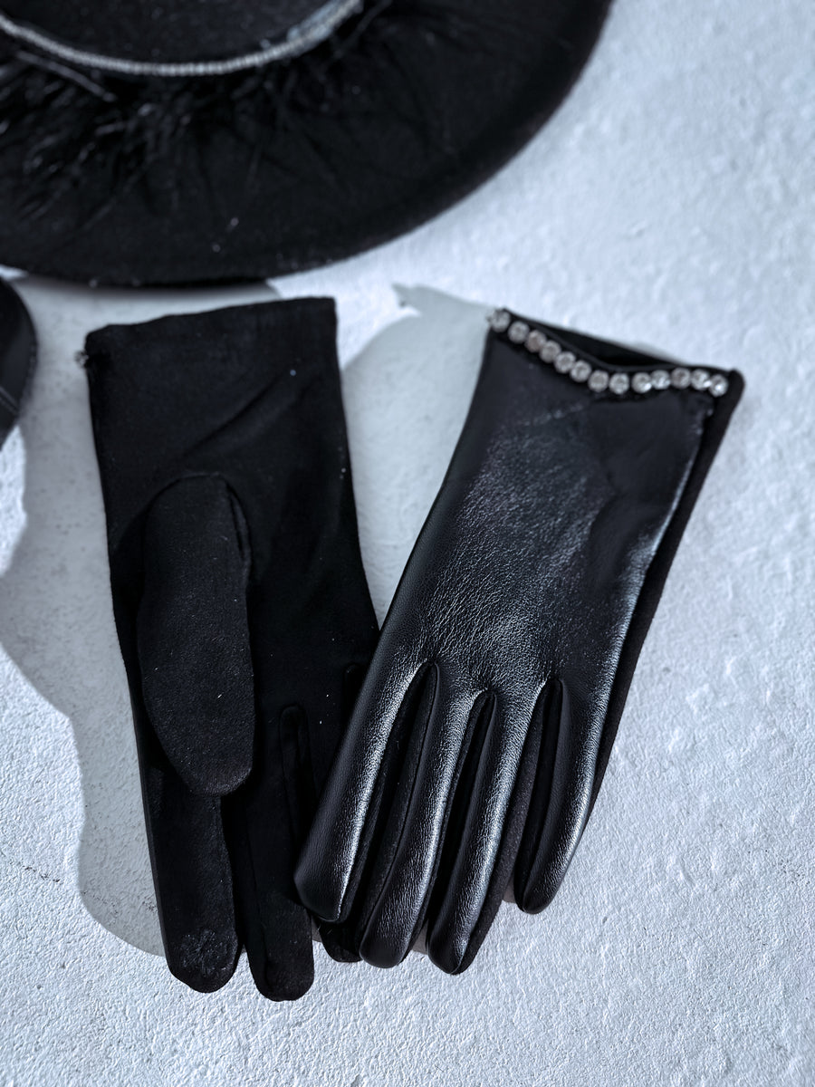 BLACK gloves with imitation leather insert "CLASSY CRYSTAL" ELYNDI