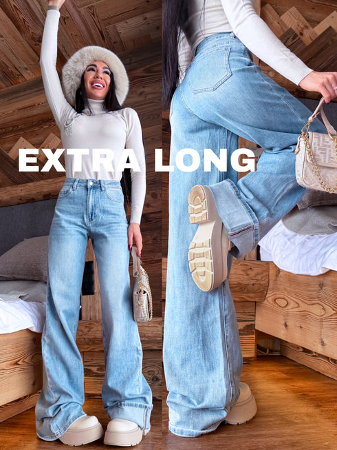 Extra long bikses "WHERE BLUE FALLS" T6392-1 - GAIŠI ZILAS PRE-ORDER