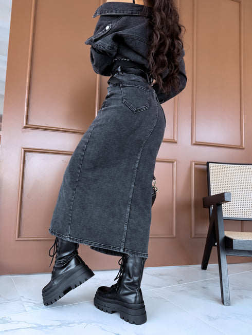 Dark gray, classic denim skirt T250-9