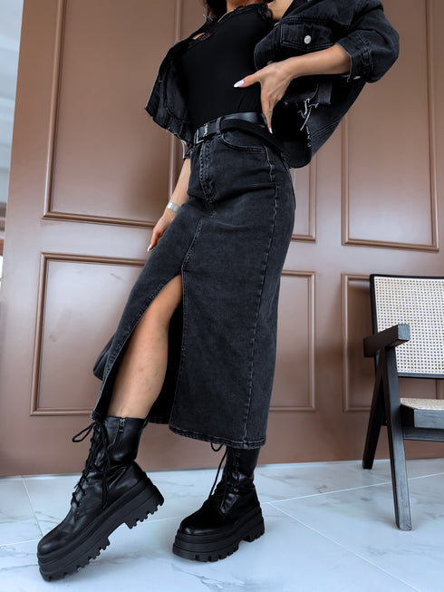 Dark gray, classic denim skirt T250-9