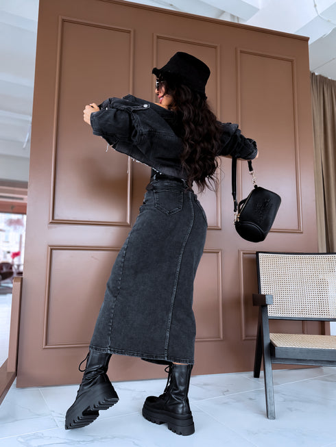 Dark gray, classic denim skirt T250-9