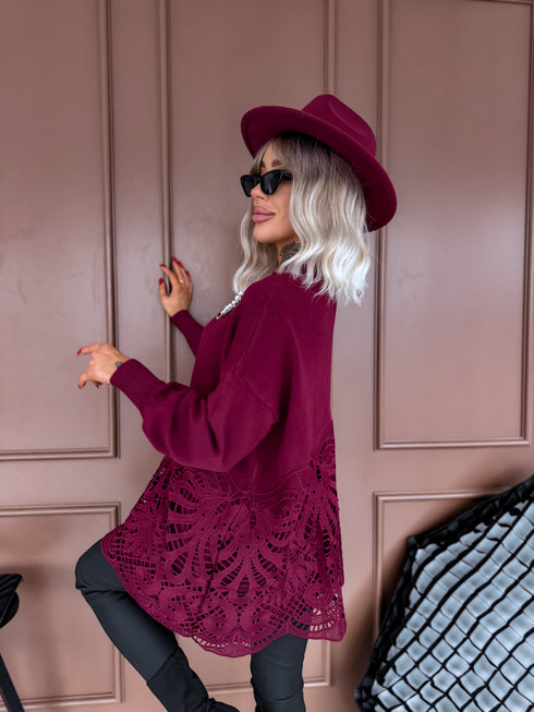 "MARKER MO4217" sweater with lace hem - BORDEAUX