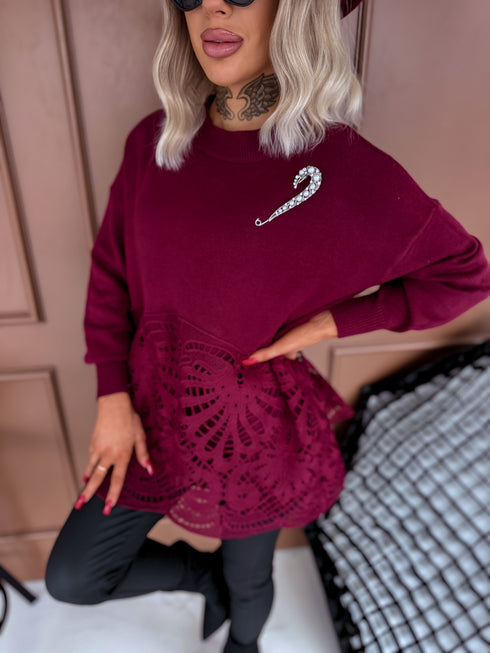 "MARKER MO4217" sweater with lace hem - BORDEAUX