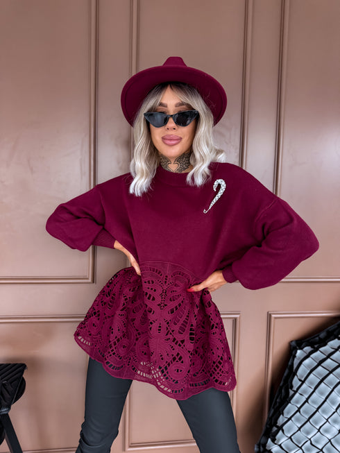 "MARKER MO4217" sweater with lace hem - BORDEAUX