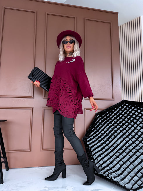 "MARKER MO4217" sweater with lace hem - BORDEAUX