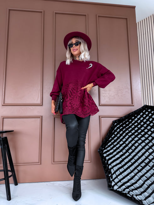 "MARKER MO4217" sweater with lace hem - BORDEAUX