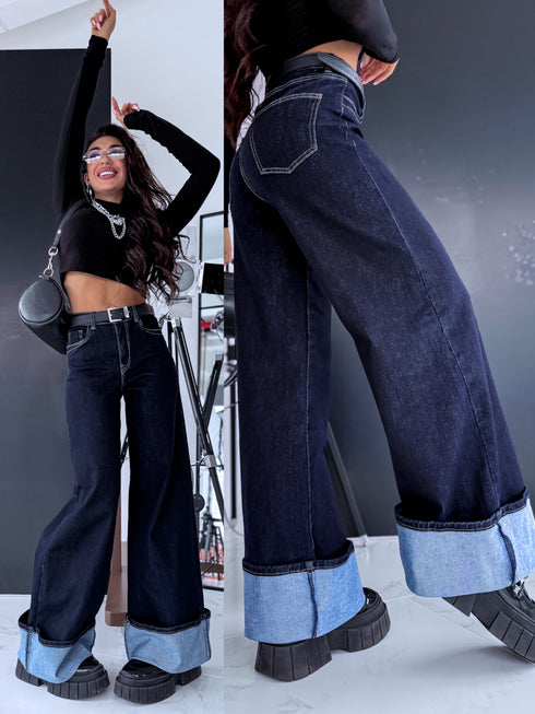 "PALAZZO JEANS 8542" džinsa bikses atlocītiem galiem - TUMŠI ZILAS