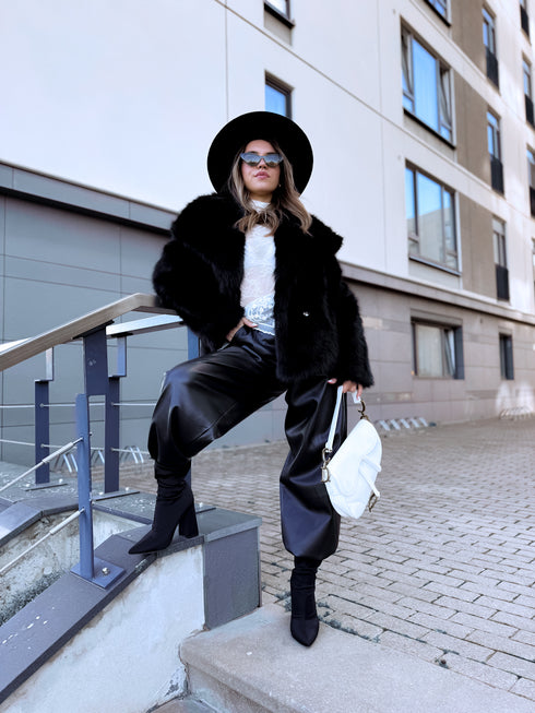 "BUSHY" artificial fur coat - BLACK