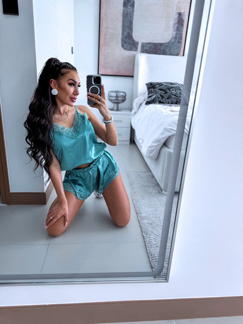 Eikalipta zaļš, satīna nakts komplekts - tops + šorti