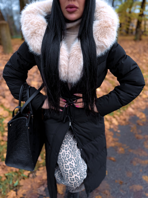 Куртка длинная "WINTER WEAR FC83" - ЧЕРНАЯ С БЕЖЕВЫМ