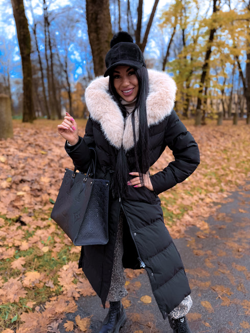 Long coat "WINTER WEAR FC83" - BLACK WITH BEIGE